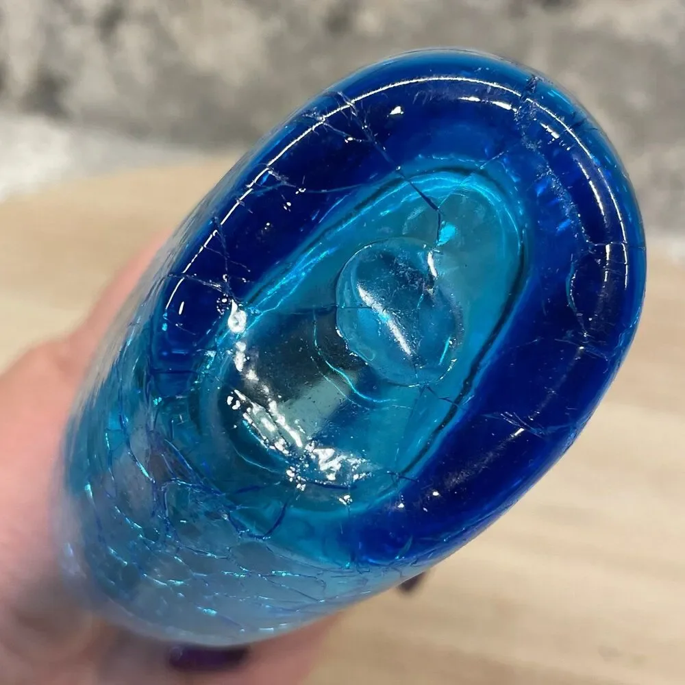 Vintage Blue Hand Blown Heart Shaped Glass Bud Vase Ruffled Rim MCM